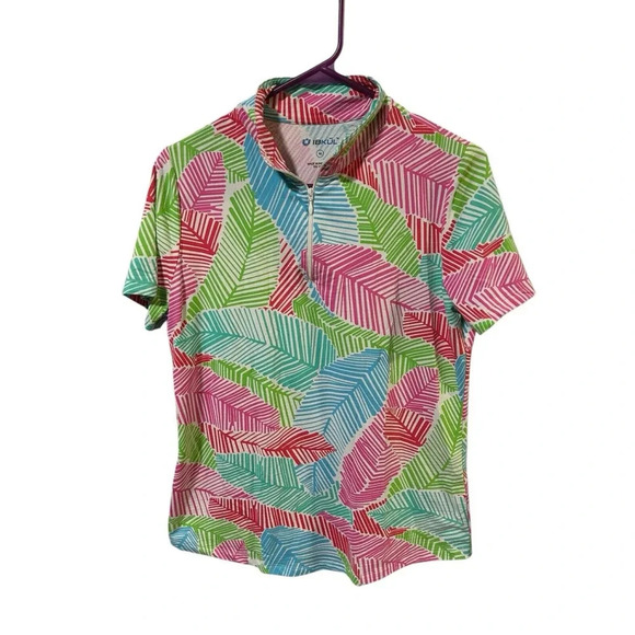 IBKUL Top Size Medium Short Sleeve Mock Neck 1/4‎ Zip Blue Pink Red - Picture 1 of 4